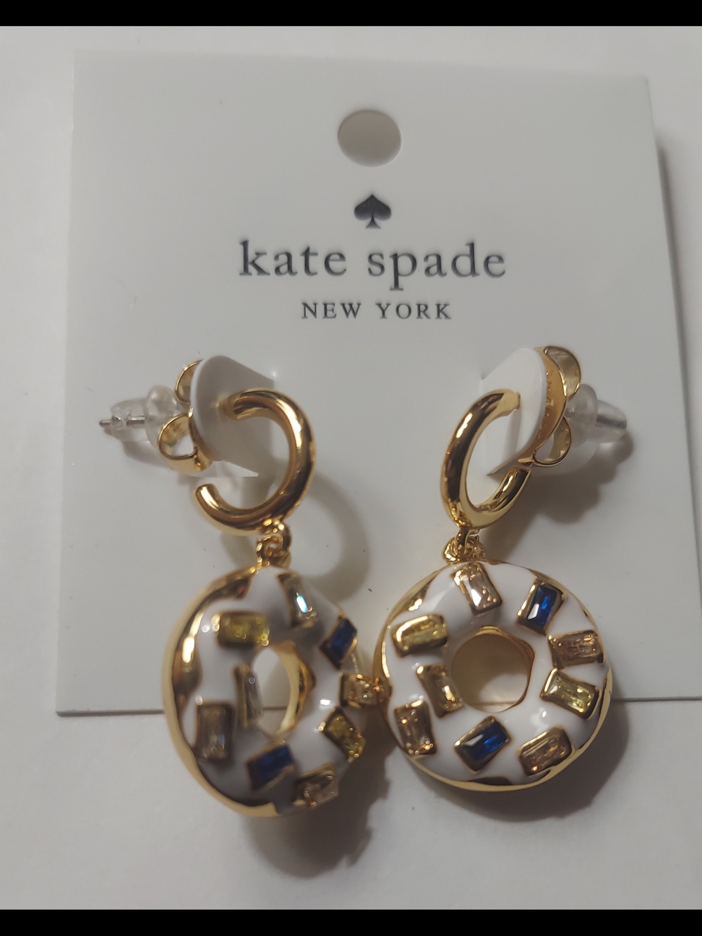 kate spade White & Gold Enamel Donut Drop Earrings with Blue and Yellow Gems